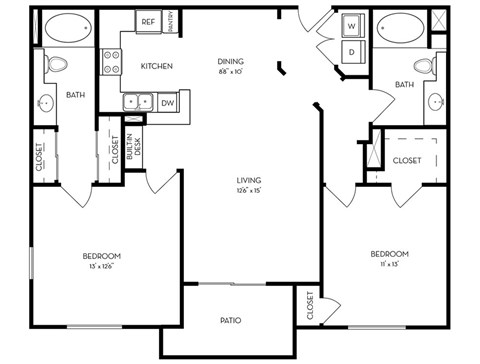 Floor plan for 2 beds, 2 baths, 1170 sqft